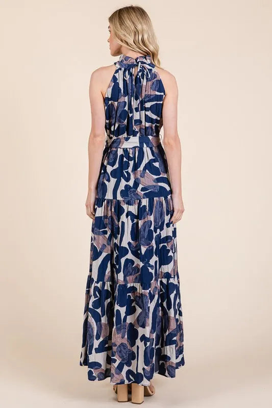 Lime 'N' Chili Abstract Halter Neck Tie-Waist Tiered Maxi Dress - Velora Luxury Fashion