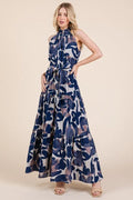 Lime 'N' Chili Abstract Halter Neck Tie-Waist Tiered Maxi Dress - Velora Luxury Fashion