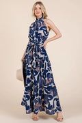 Lime 'N' Chili Abstract Halter Neck Tie-Waist Tiered Maxi Dress - Velora Luxury Fashion