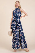 Lime 'N' Chili Abstract Halter Neck Tie-Waist Tiered Maxi Dress - Velora Luxury Fashion