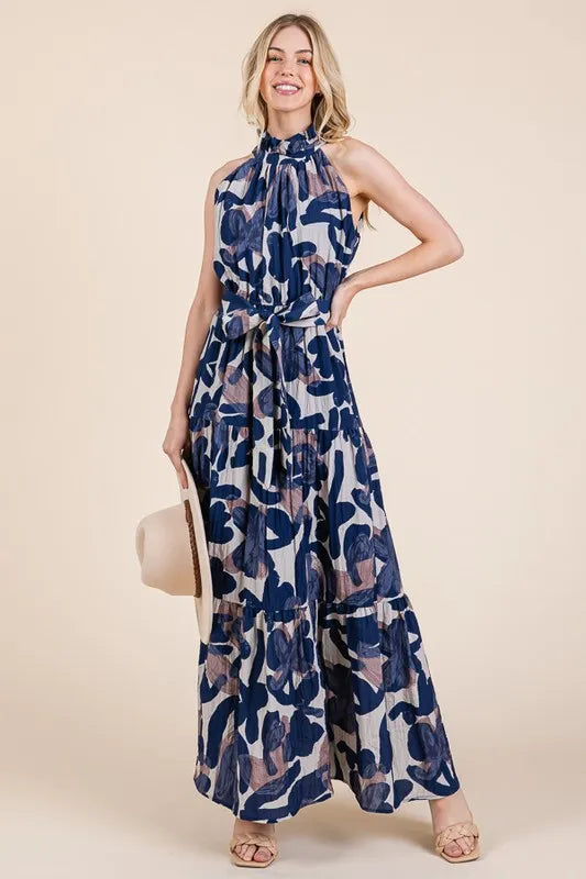 Lime 'N' Chili Abstract Halter Neck Tie-Waist Tiered Maxi Dress - Velora Luxury Fashion