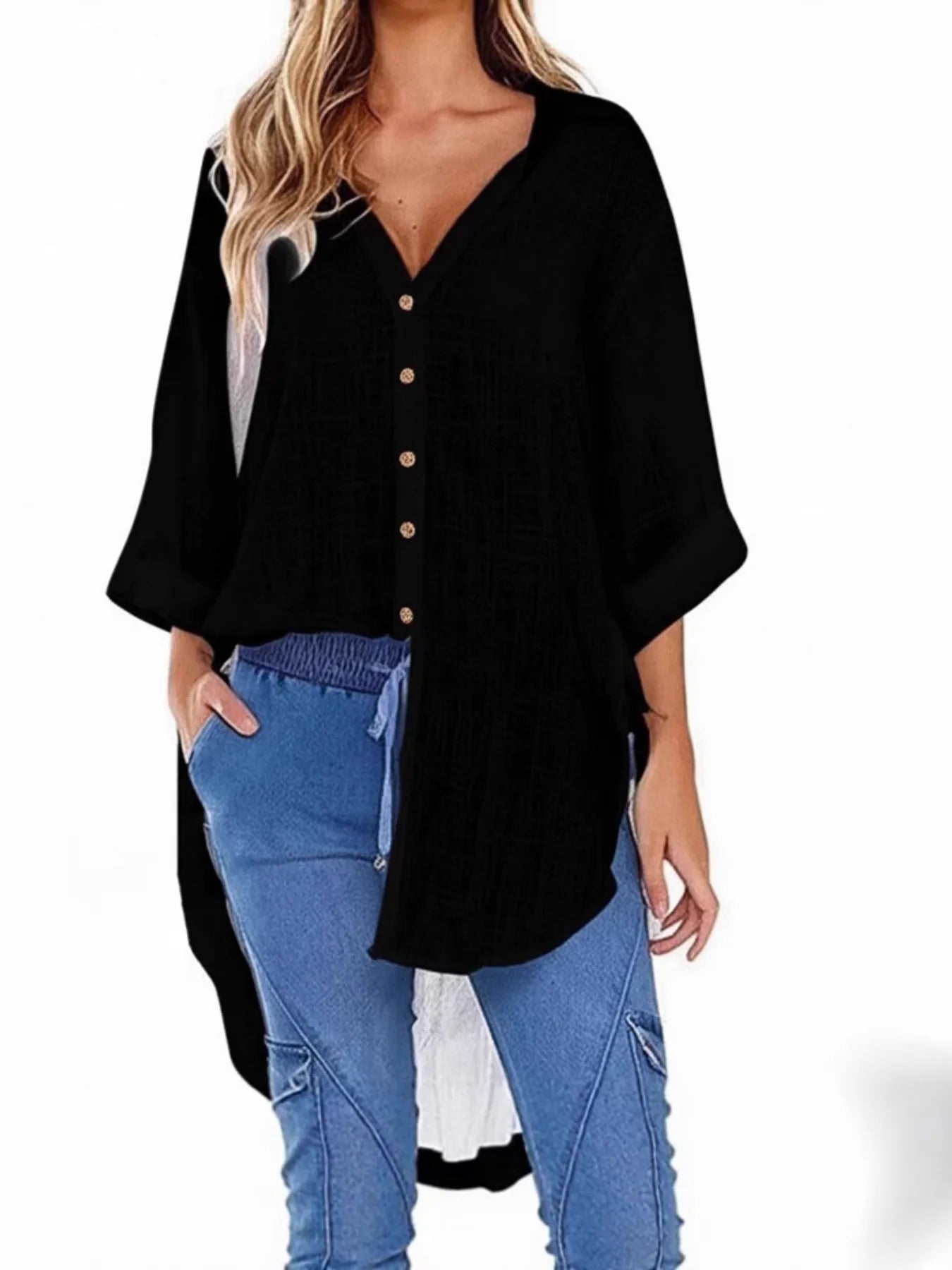 Linen Blend Button-Down Tunic Shirt - Velora Luxury Fashion