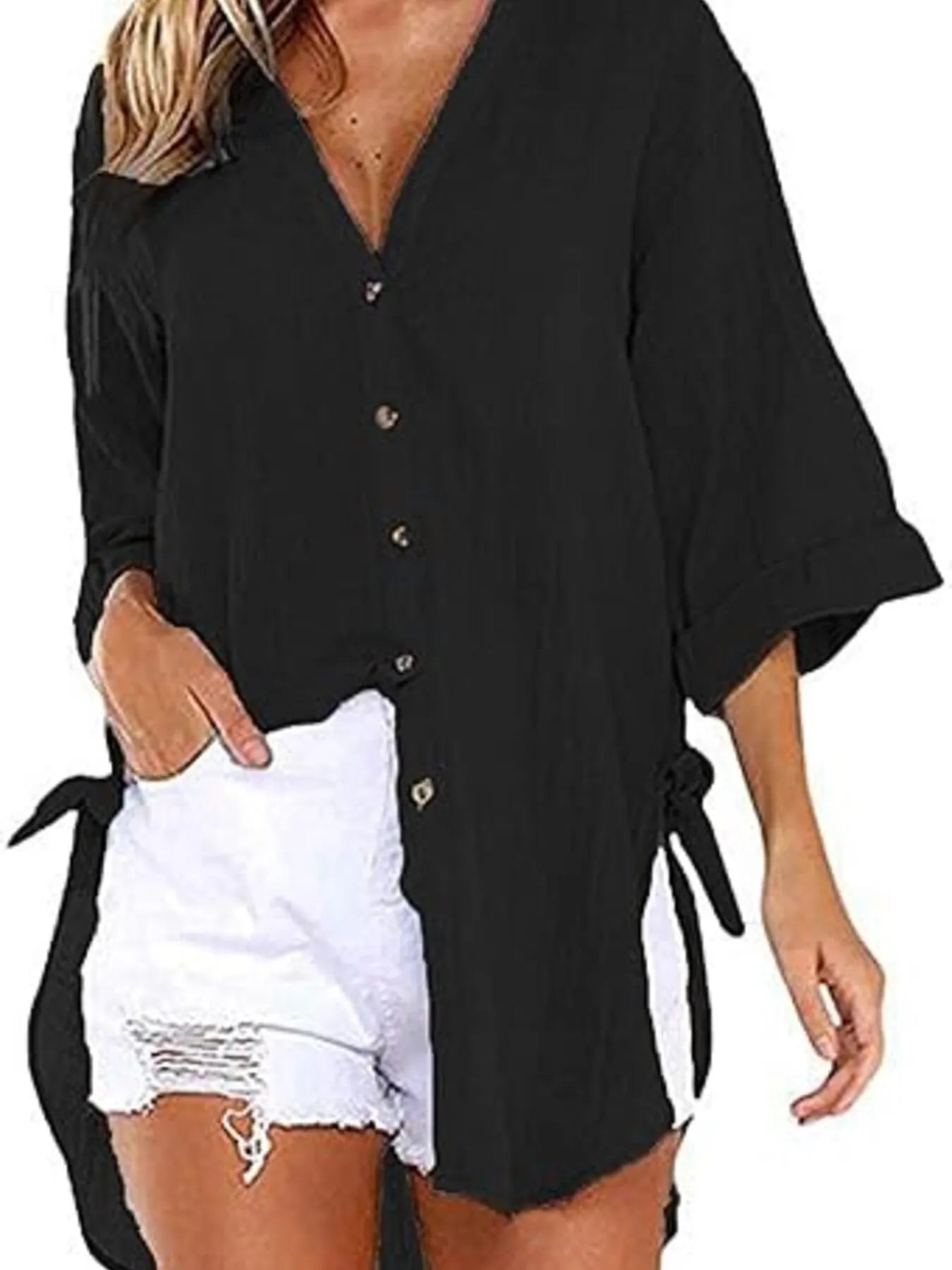 Linen Blend Button-Down Tunic Shirt - Velora Luxury Fashion