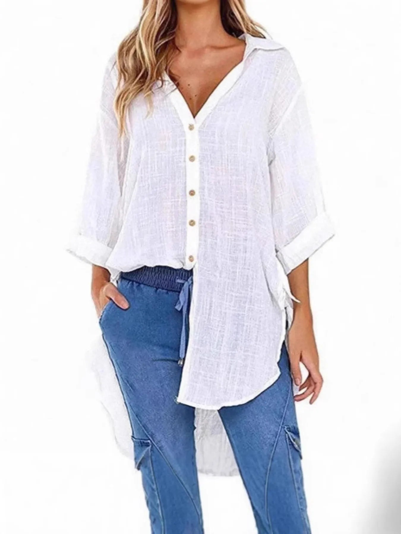 Linen Blend Button-Down Tunic Shirt - Velora Luxury Fashion