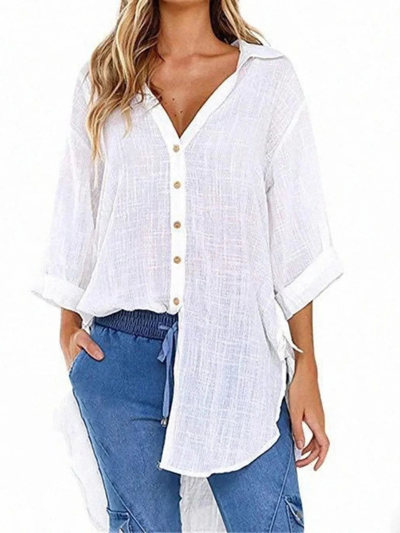 Linen Blend Button-Down Tunic Shirt - Velora Luxury Fashion