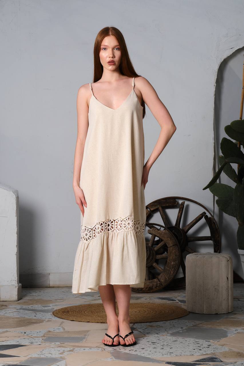 Linen Spaghetti Long Dress - Velora Luxury Fashion