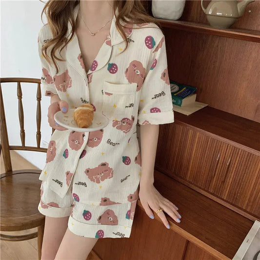 Little Bear Strawberry Print Short Sleeve Shorts Women Pajamas Sleep and Lounge wear EX-STOCK Canada