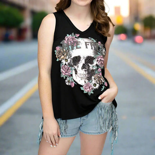Live Free Skull & Floral Print Tank with Lace and Cut-Out Back Details Boutique of Leathers/Open Road