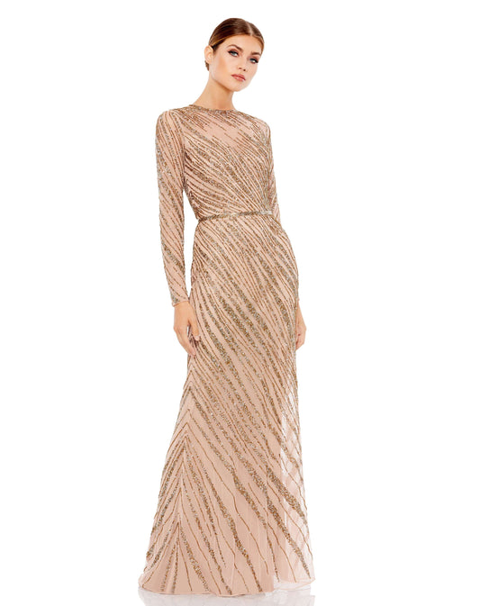 Long Sleeve Beaded Column Gown - Velora Luxury Fashion