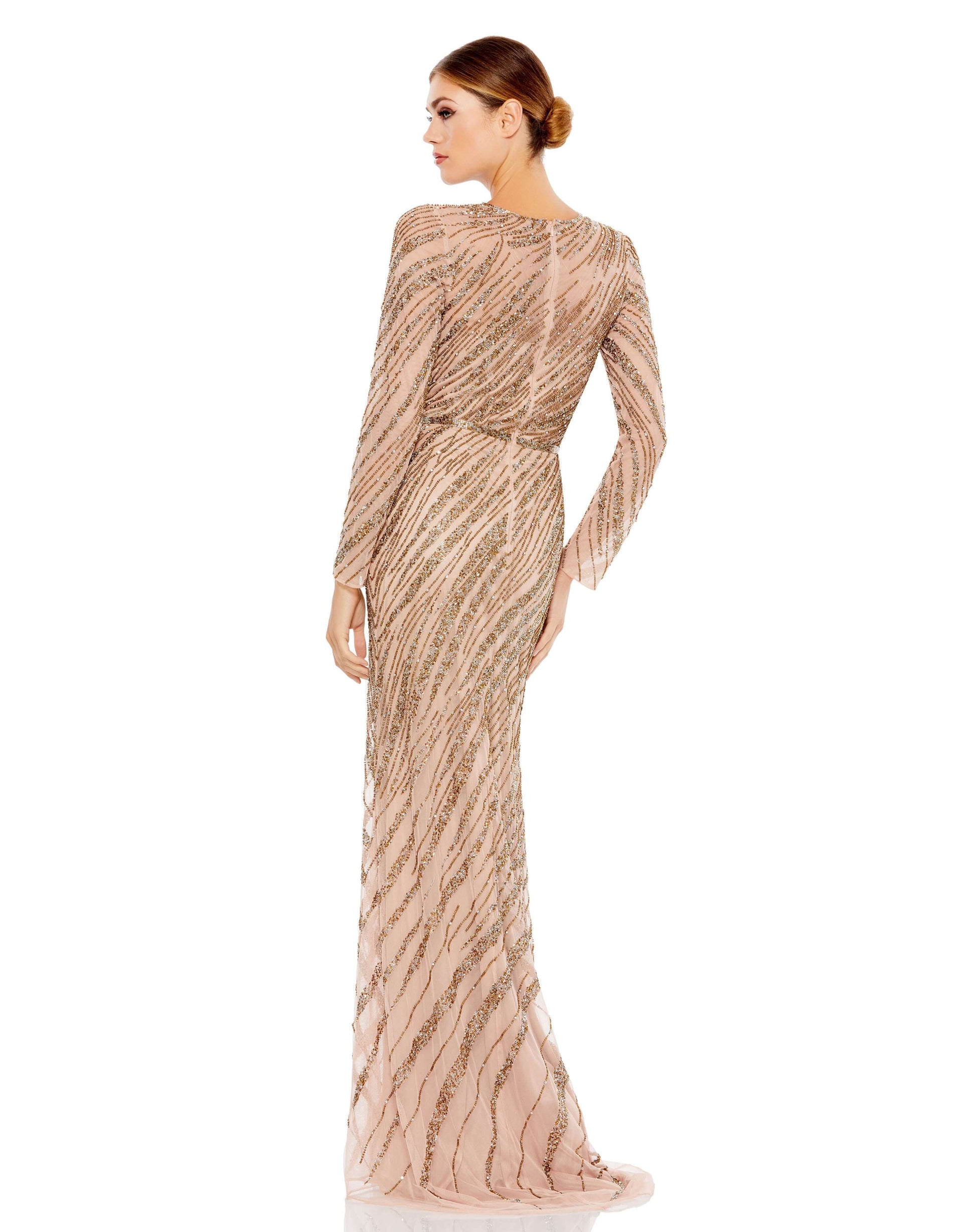 Long Sleeve Beaded Column Gown - Velora Luxury Fashion
