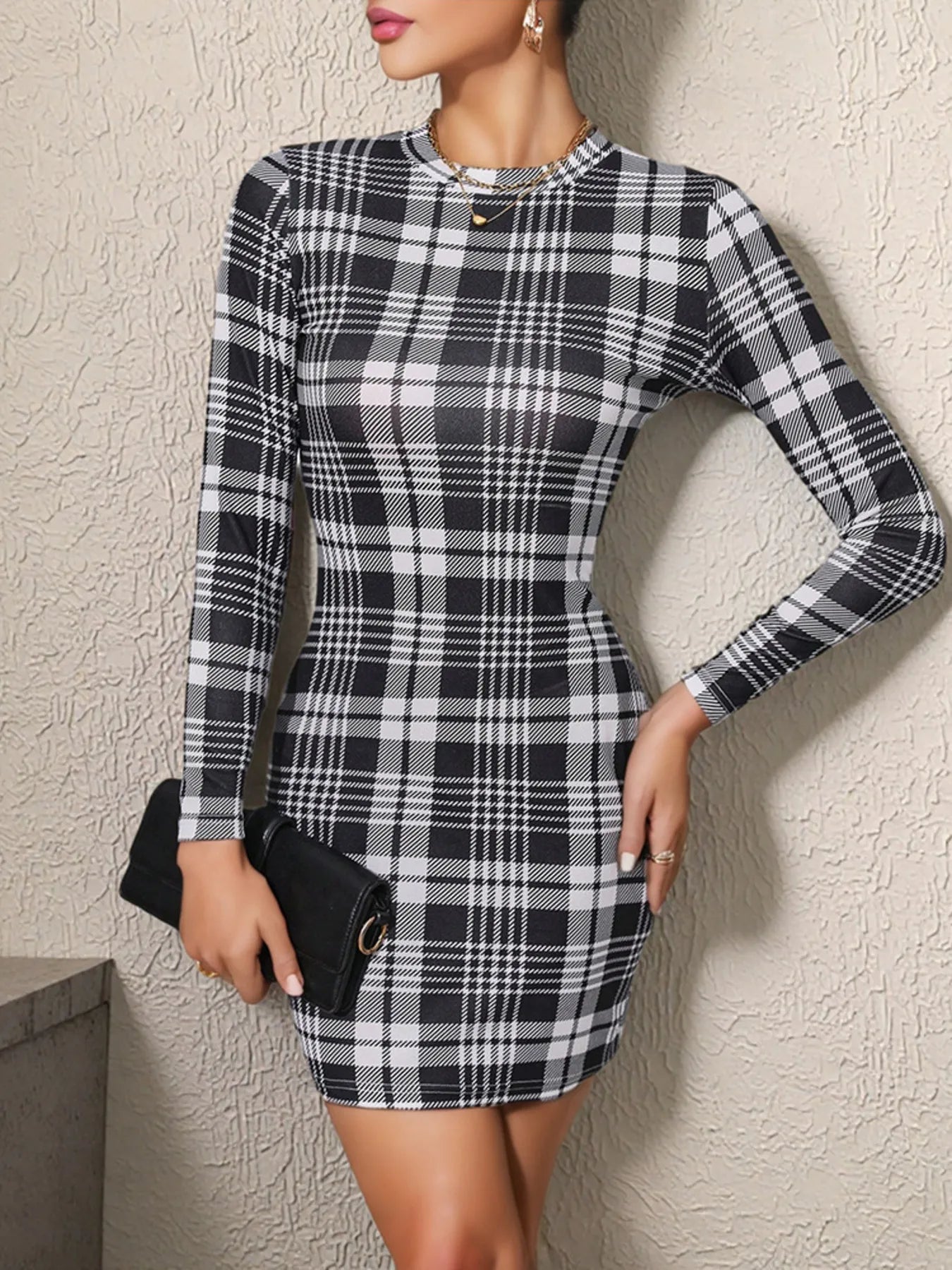 Long Sleeve Plaid Bodycon Mini Dress - Velora Luxury Fashion