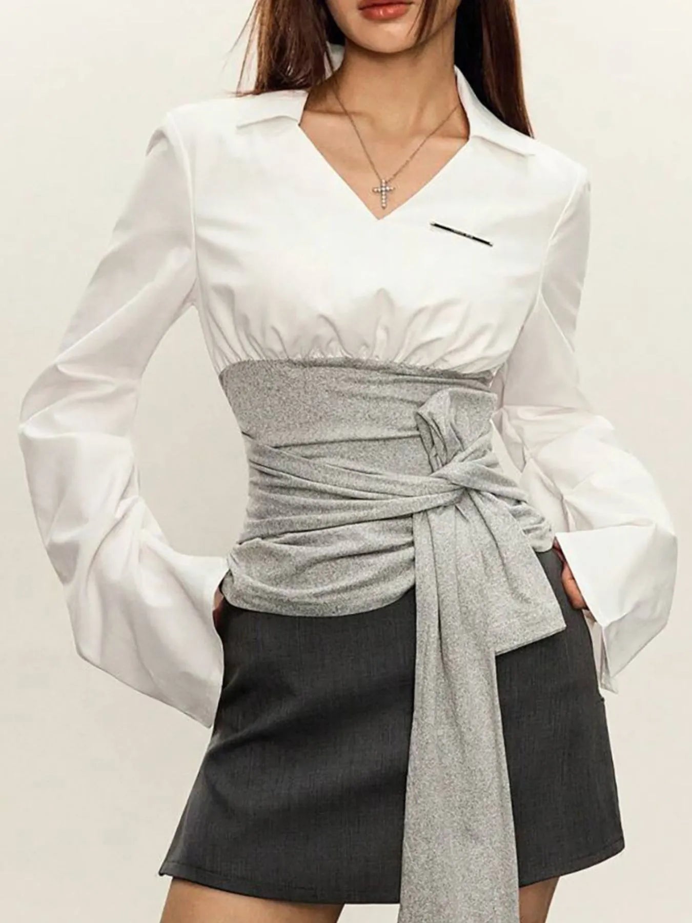 Long Sleeve Tie Front Blouse - Velora Luxury Fashion