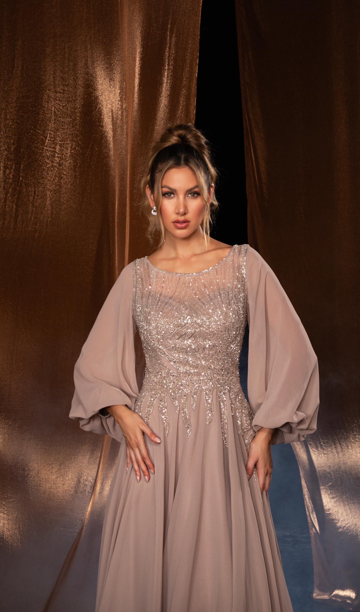 Long balloon sleeves beaded gown - Velora Luxury Fashion