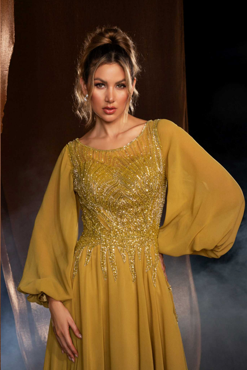 Long balloon sleeves beaded gown - Velora Luxury Fashion