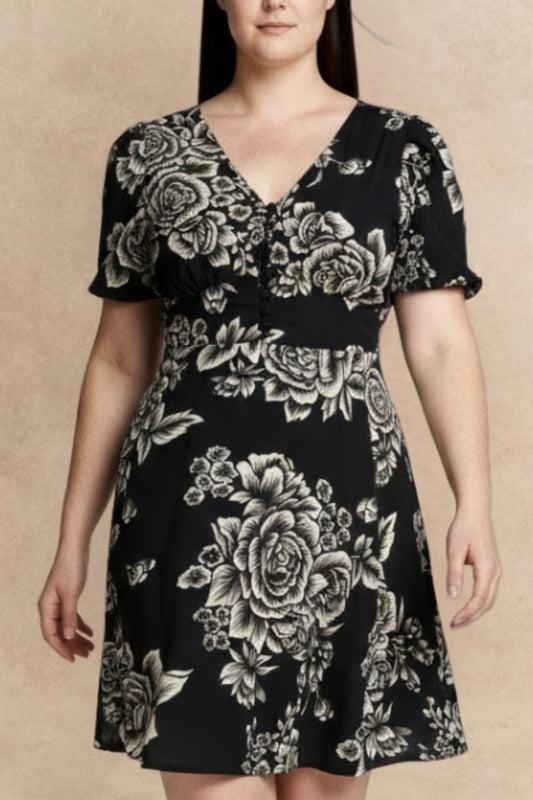 Lottie Black Floral Fit and Flare Dress Flowy Sleeves - Velora Luxury Fashion