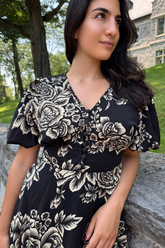 Lottie Black Floral Fit and Flare Dress Flowy Sleeves - Velora Luxury Fashion
