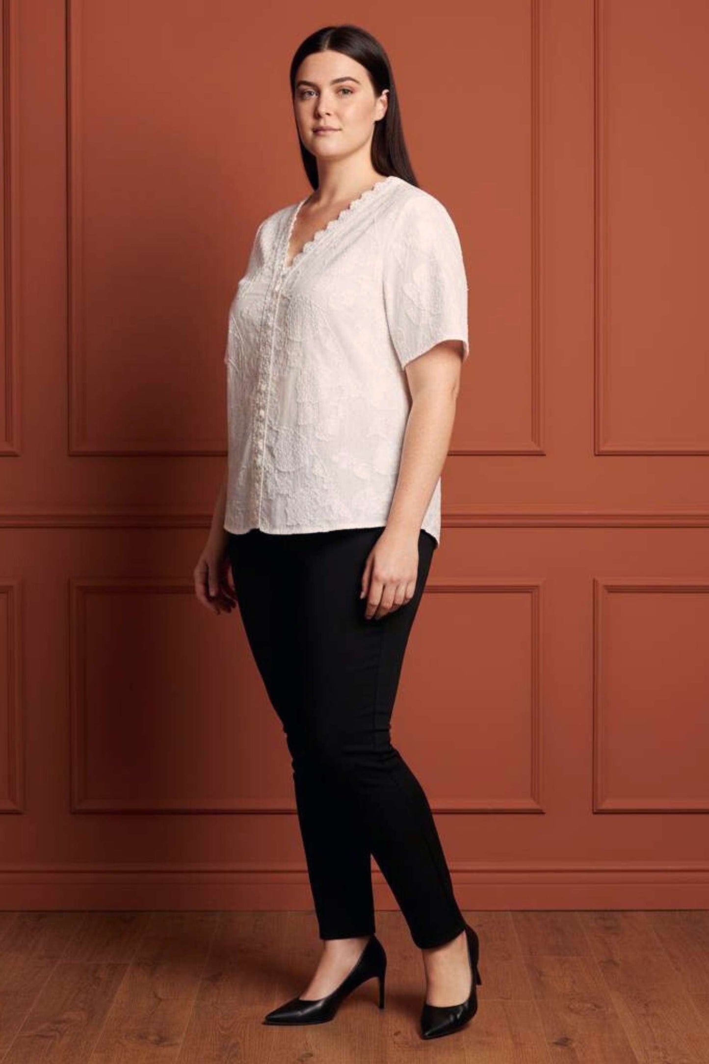 Lucie Embroidered V-Neck Blouse Lace Trim Flutter Sleeves Women - Velora Luxury Fashion