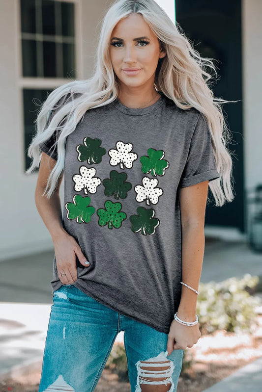 Lucky Clover Round Neck Short Sleeve T-Shirt - Velora Luxury Fashion