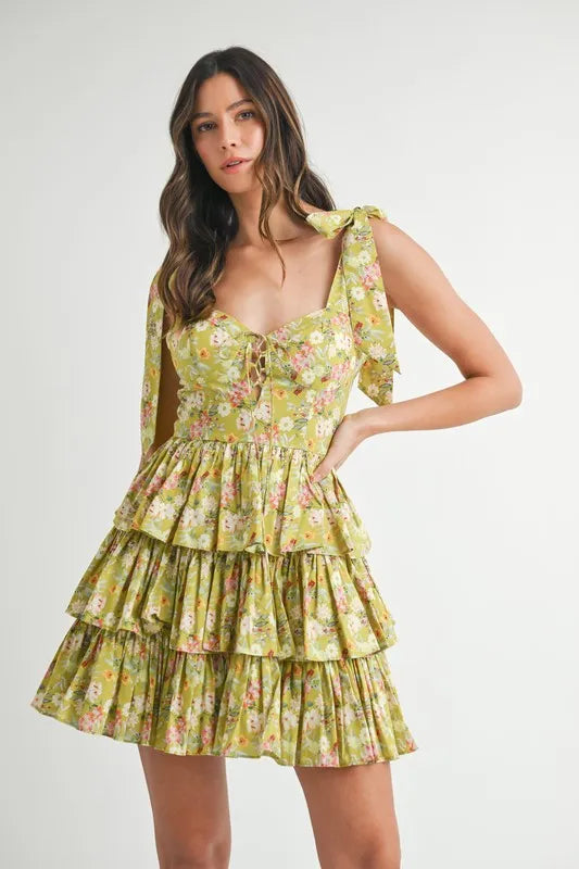 MABLE Floral Print Shoulder Tie Layered Mini Dress - Velora Luxury Fashion