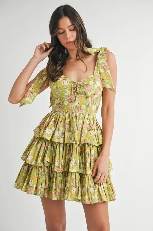 MABLE Floral Print Shoulder Tie Layered Mini Dress - Velora Luxury Fashion