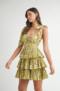 MABLE Floral Print Shoulder Tie Layered Mini Dress - Velora Luxury Fashion