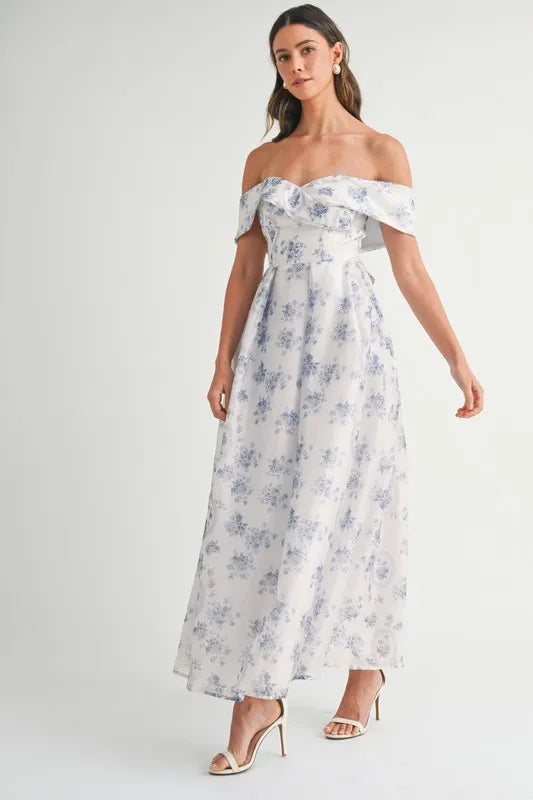 MABLE Floral Printed Off Shoulder Maxi Dress - Velora Luxury Fashion