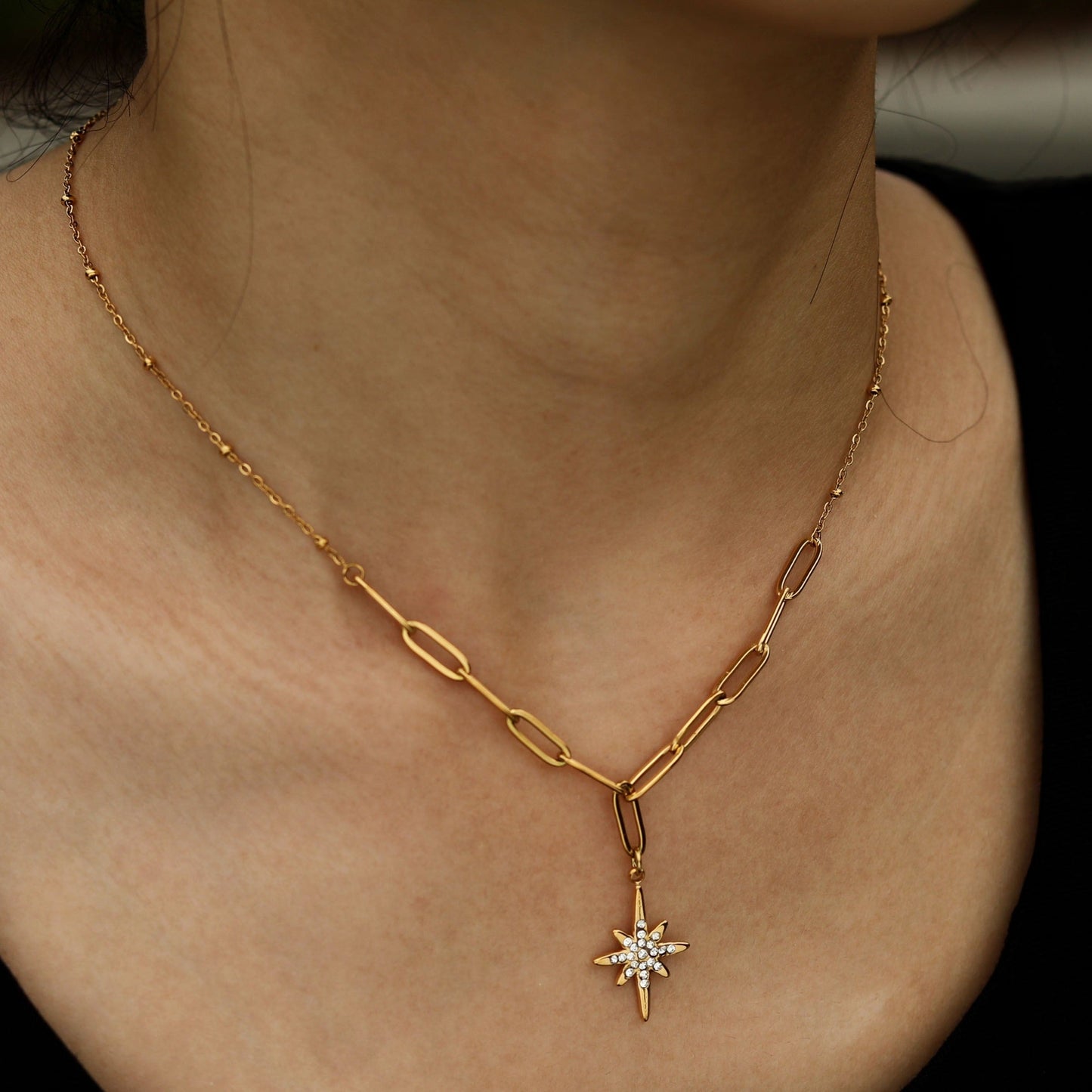 MALVINA Mix Gold Chain with Zirconia Studded Star Pendant - Velora Luxury Fashion