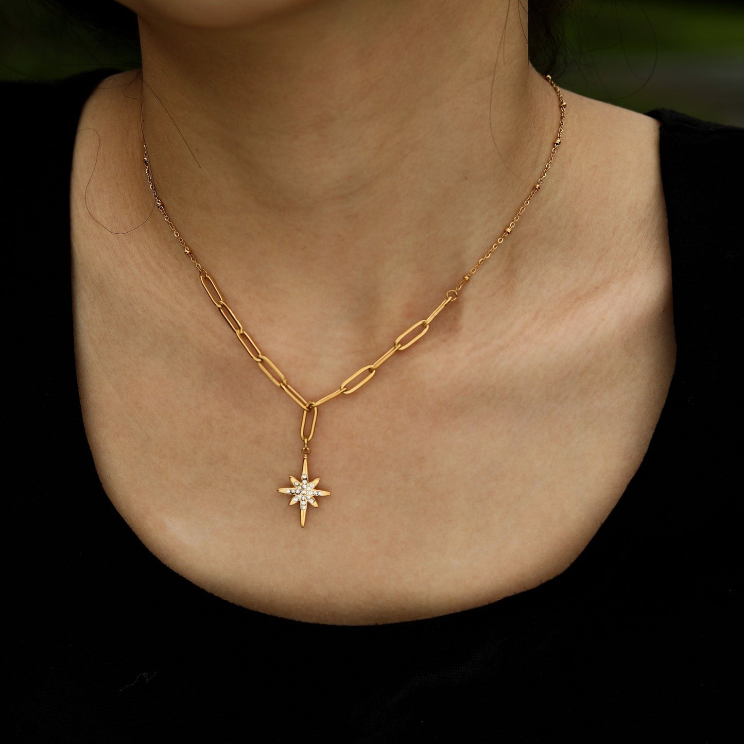 MALVINA Mix Gold Chain with Zirconia Studded Star Pendant - Velora Luxury Fashion