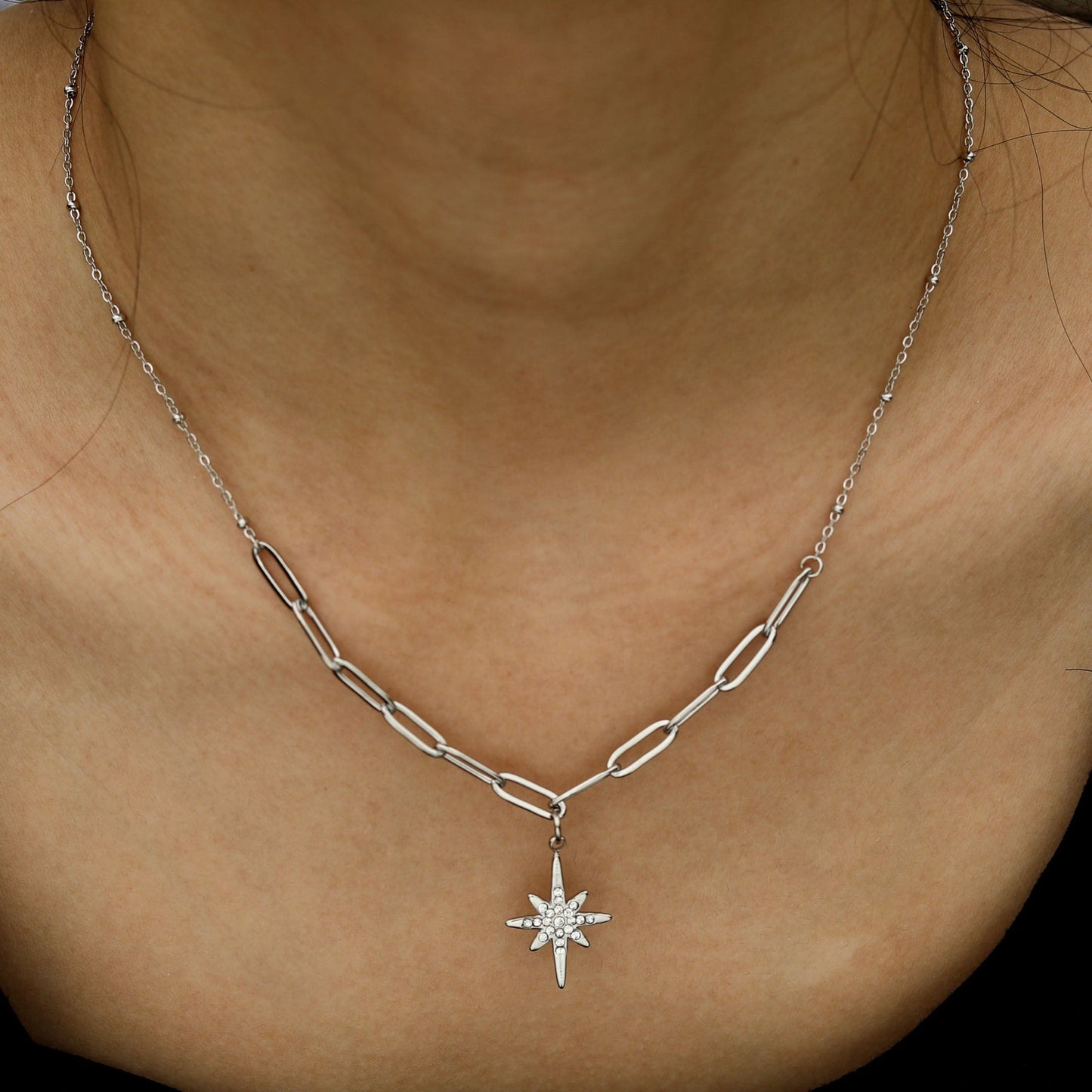 MALVINA Mix Silver Chain with Zirconia Studded Star Pendant - Velora Luxury Fashion