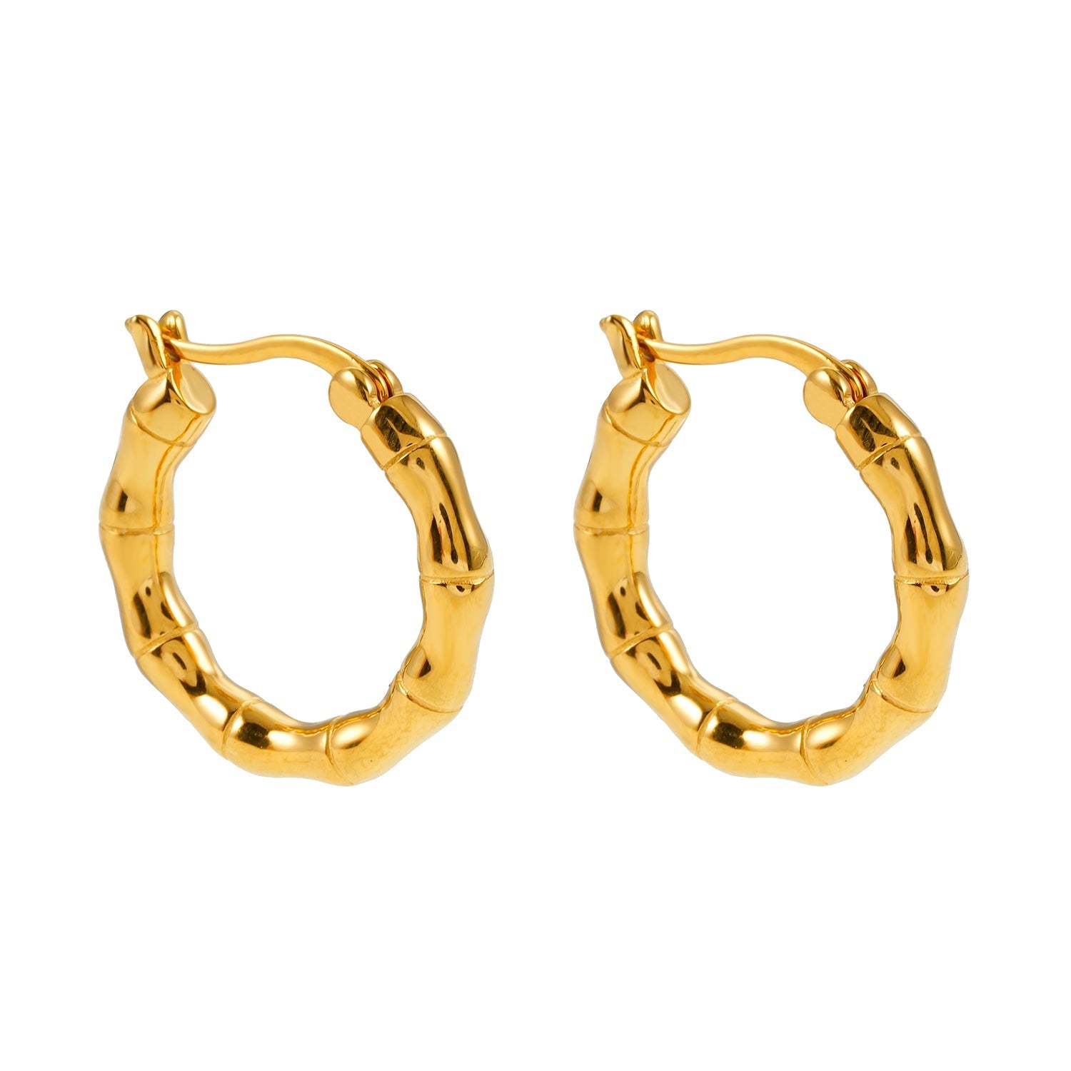METIOS: Bamboo Textured Hoop Earrings in Gold - Velora Luxury Fashion