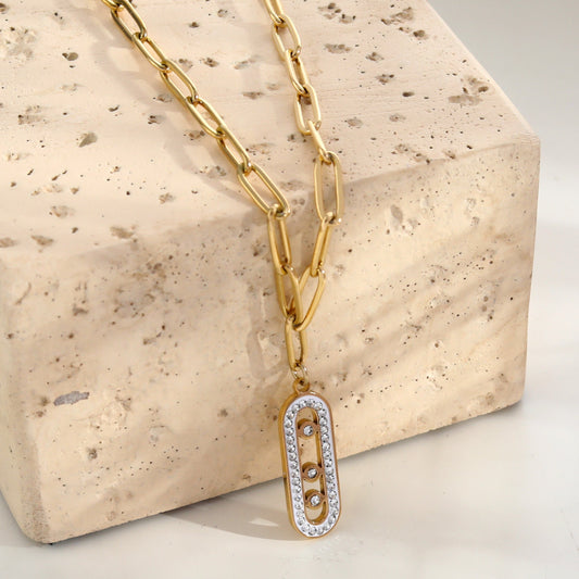 MORNA Paper Clip Chain with Zirconia Accented Geometric Pendant Gold - Velora Luxury Fashion