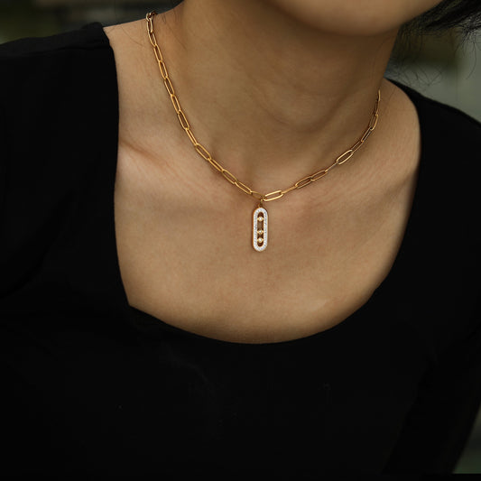 MORNA Paper Clip Chain with Zirconia Accented Geometric Pendant Gold - Velora Luxury Fashion