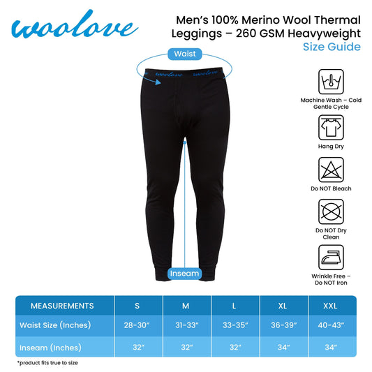 Men's 100% Merino Wool Long Underwear Base Layer Leggings 260 GSM - Heavyweight - Velora Luxury Fashion