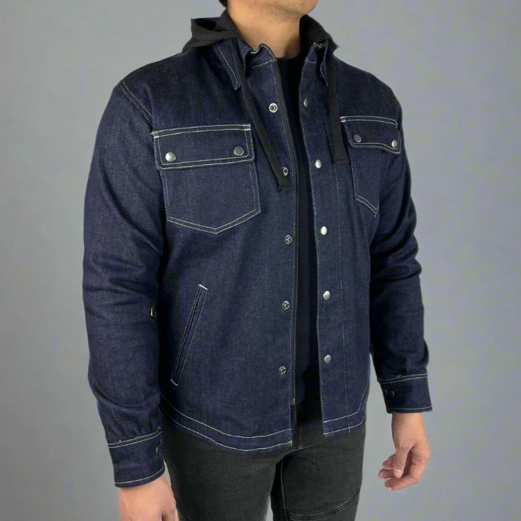 Men’s Armored Denim Shirt with Removable Hoodie - Velora Luxury Fashion