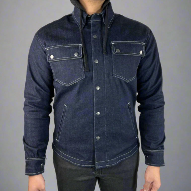 Men’s Armored Denim Shirt with Removable Hoodie - Velora Luxury Fashion