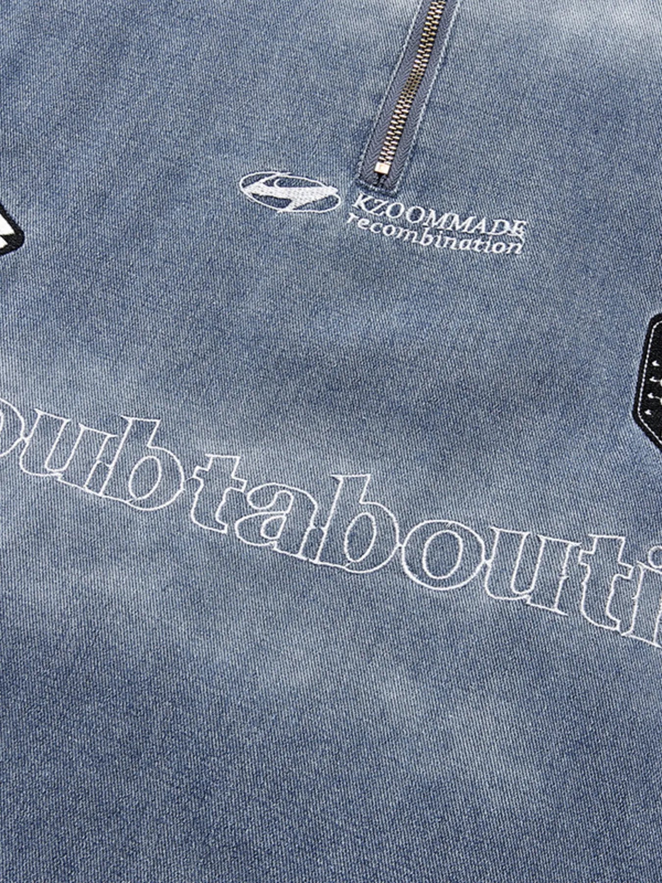 Men's Casual Quarter Zip Letter Washed Denim Hoodie - Velora