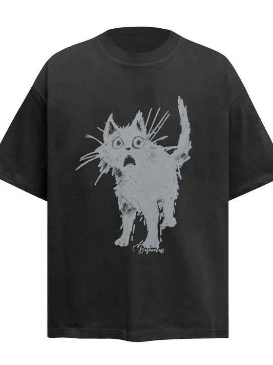 Men's Cat Graphic Short Sleeve Oversized T-Shirt - Velora