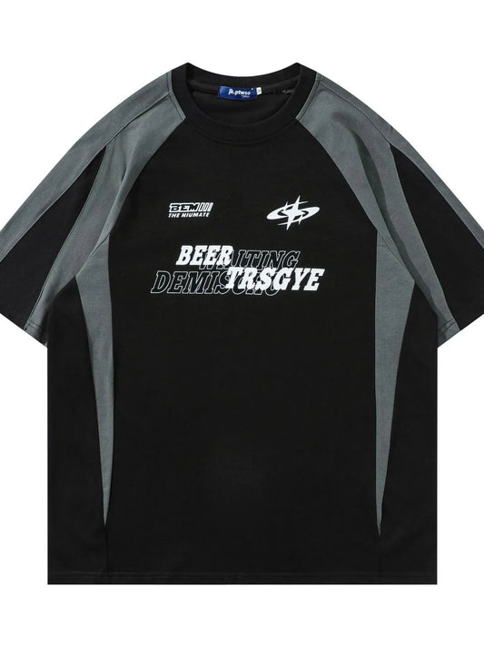 Men's Contrast Letter Round Neck Oversize T-Shirt - Velora Luxury Fashion