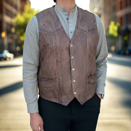 Men's Cow Leather Vest. Classic Style with Snap Closure & Front Pockets - Velora Luxury Fashion