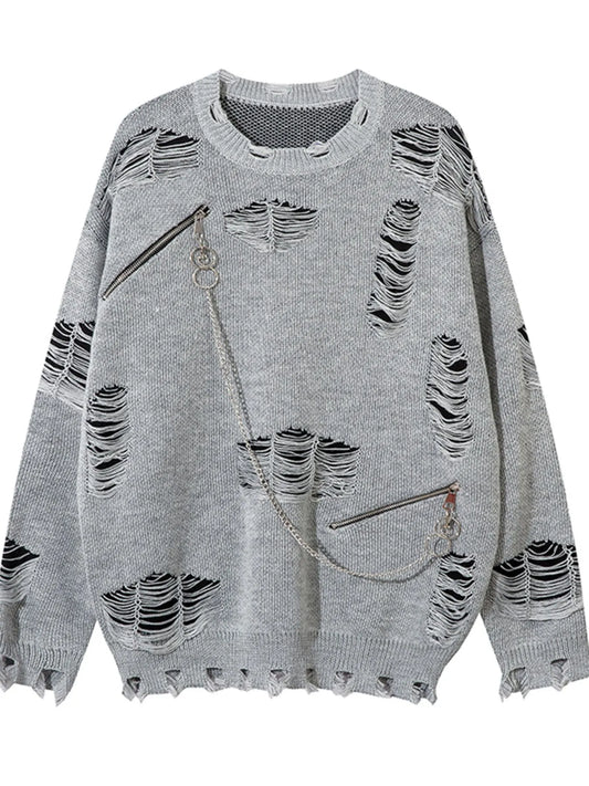 Men's Distressed Chain Detail Oversized Sweater - Velora