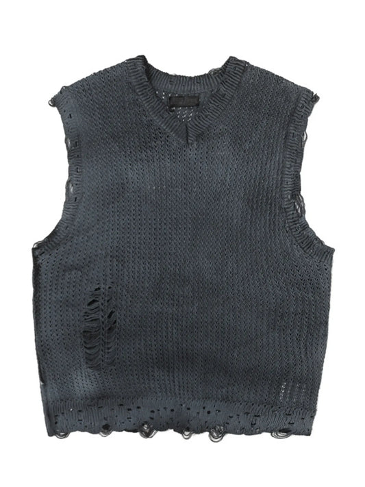 Men's Distressed Knit Vest with Frayed Edges - Velora Luxury Fashion