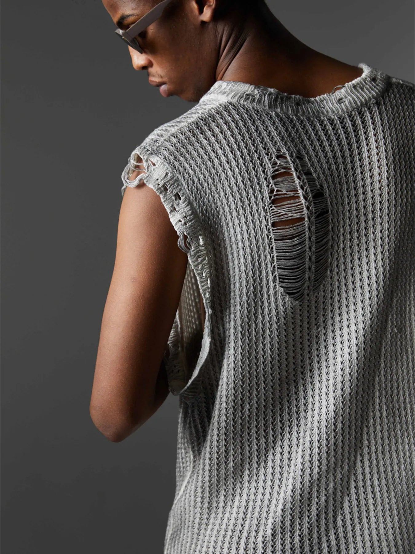Men's Distressed Knit Vest with Frayed Edges - Velora Luxury Fashion