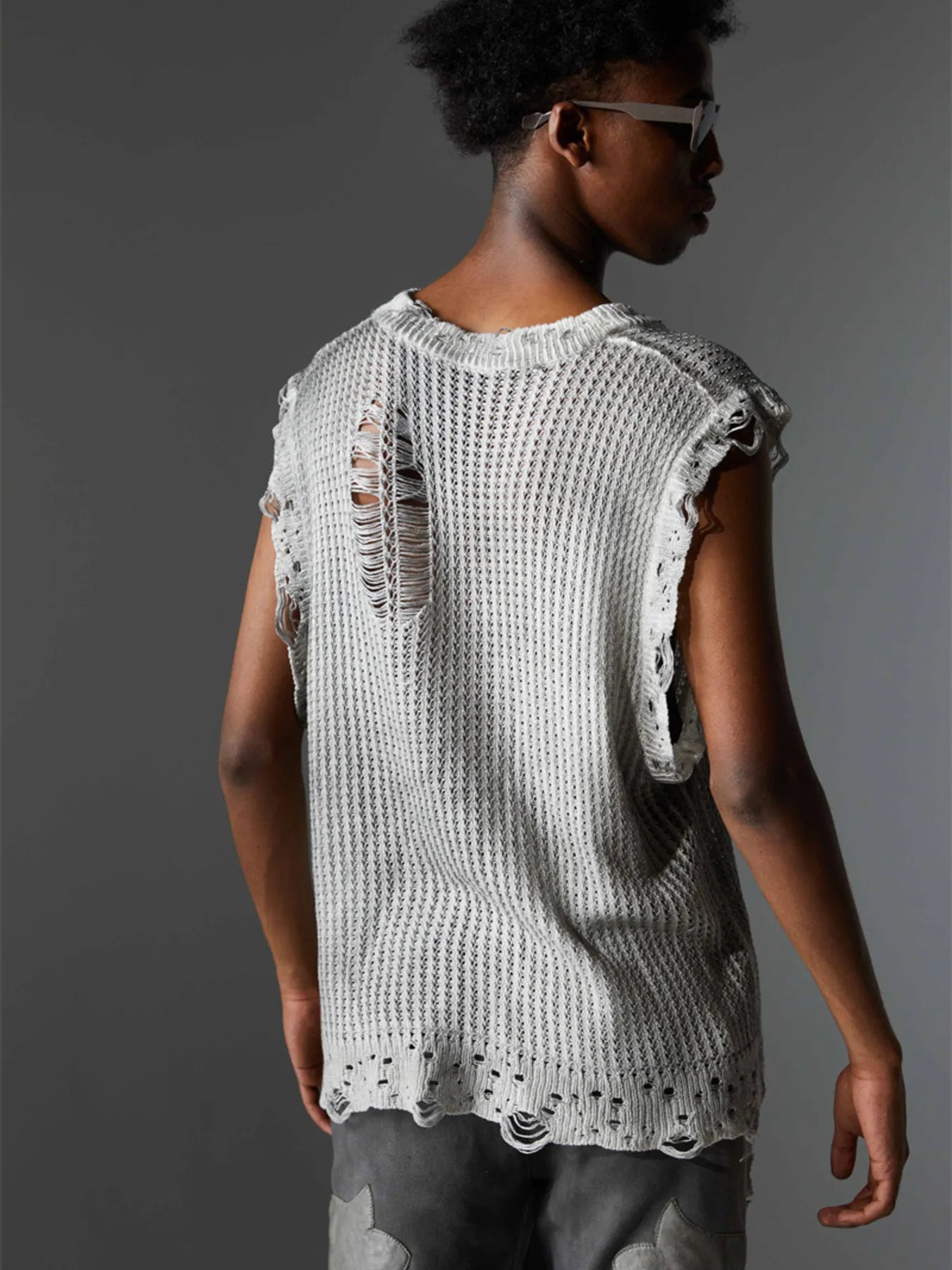 Men's Distressed Knit Vest with Frayed Edges - Velora Luxury Fashion