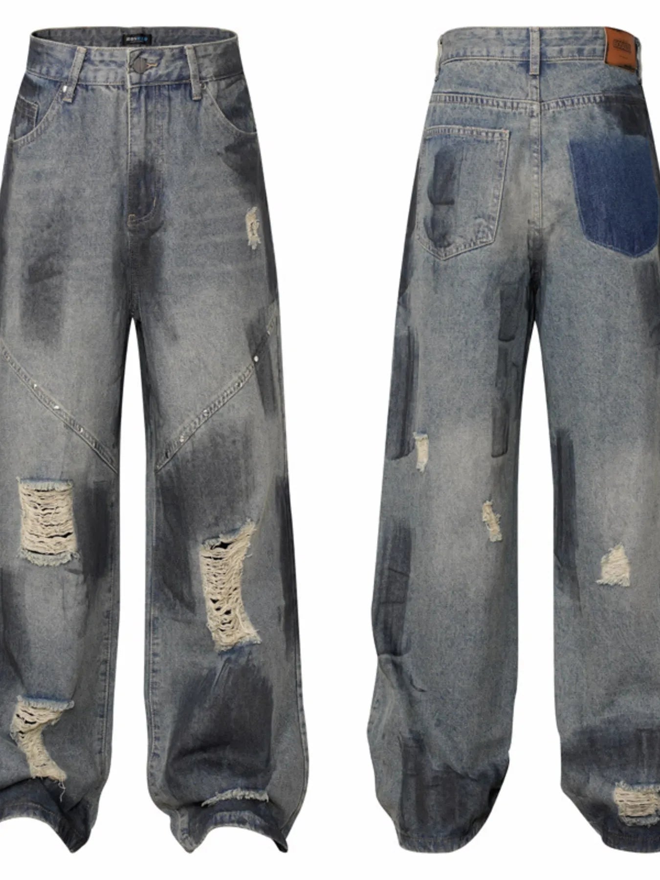 Men's Distressed Wide Leg Vintage Wash Jeans - Velora Luxury Fashion