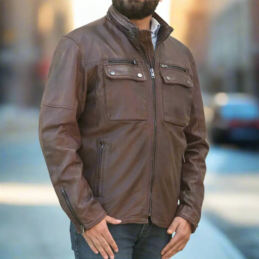 Men's Dual Flap Pockets Leather Jacket - Velora Luxury Fashion