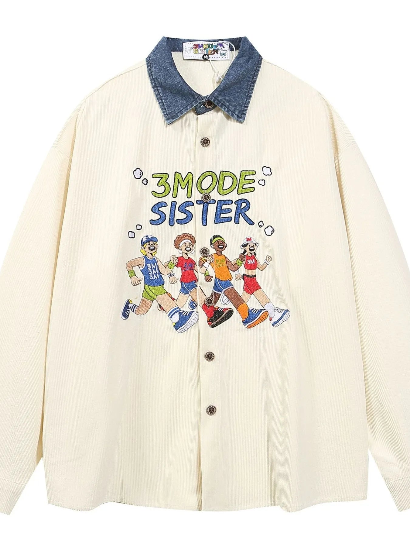 Men's Embroidered Denim Collared Corduroy Long-Sleeved Shirt - Velora Luxury Fashion