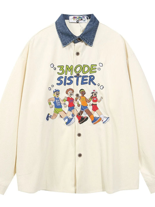 Men's Embroidered Denim Collared Corduroy Long-Sleeved Shirt - Velora Luxury Fashion