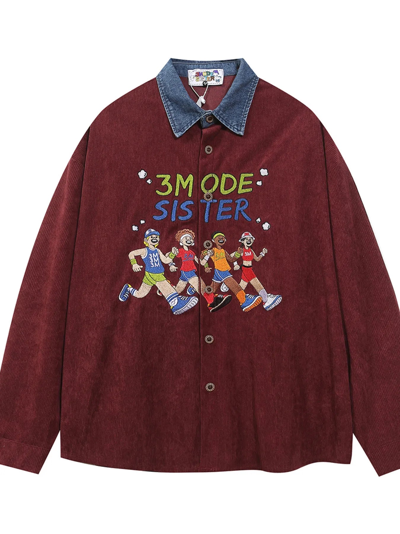 Men's Embroidered Denim Collared Corduroy Long-Sleeved Shirt - Velora Luxury Fashion