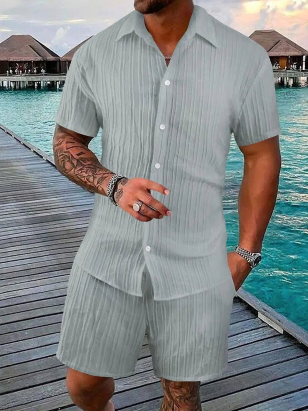 Men's Full Size Button Down Short Sleeve Shirt and Shorts Set Plus Size - Velora Luxury Fashion