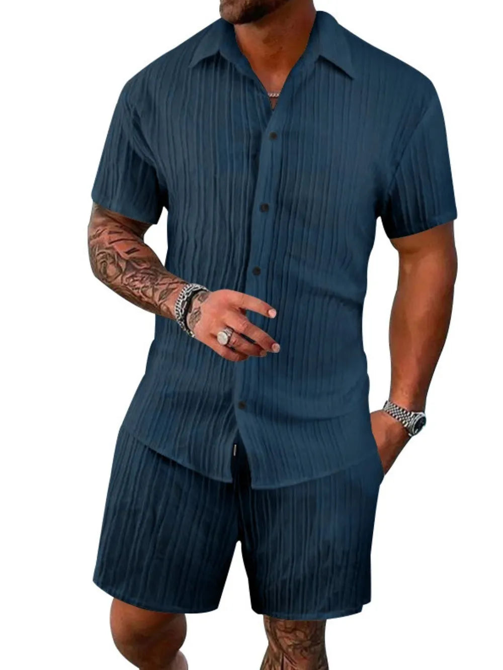 Men's Full Size Button Down Short Sleeve Shirt and Shorts Set Plus Size - Velora Luxury Fashion